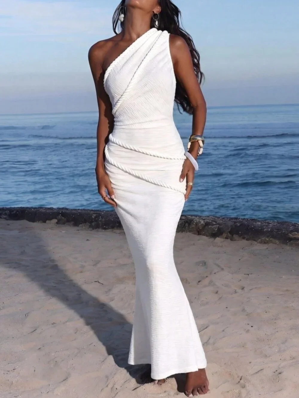 White One-Shoulder Rope Trim Mermaid Maxi Dress